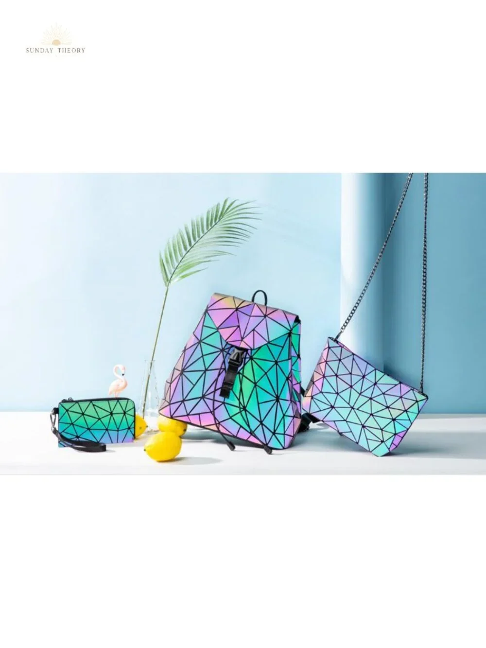 Geometric Reflective Crossbody Bag Set with Backpack and Wallet, Holographic